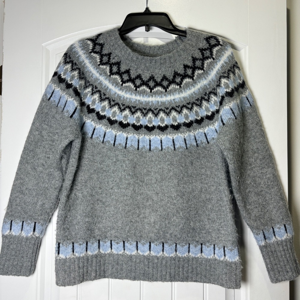 Sweater Women S Gray Fair Isle Knit Wool Blend Metallic Long Sleeve